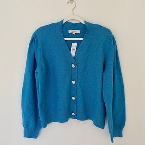 LOFT NWT cozy, blue cardigan with jeweled buttons, size XL